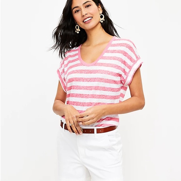 LOFT Pink and White Linen Tee - Picture 1 of 5